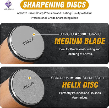 Rolling Knife Sharpener Kit for Kitchen - Multi Angle Tool with Magnetic Angle Guide (15°/20°) Diamond & Ceramic Discs, Knife Sharpening Kit having Finger Guard, Gloves & Travel Bag