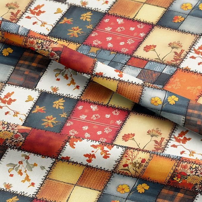 Autumn Patchwork Cotton Fabric Panel 61 x 36.6 Inches, Vintage Quilt Style Floral Printed Cotton Sewing Fabric, 140 GSM