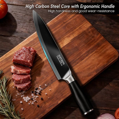 8"/20cm Chef's Knife, Japanese Hand Forged Chefs Knife High Carbon Steel Core with wooden Ergonomic Handle, Gift Box & Knife Sheath (Black)