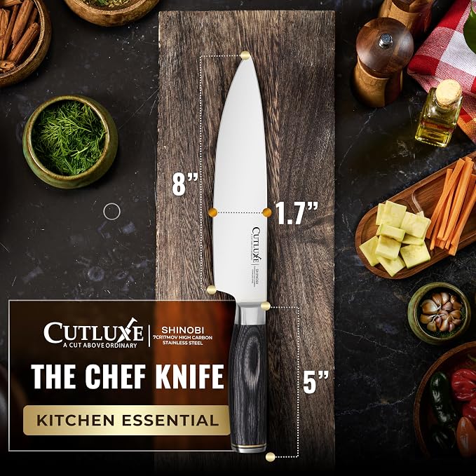 Cutluxe Chef Knife – Ultra Sharp 8" Japanese Kitchen Knife, High Carbon Stainless Steel Blade, Full Tang Pakkawood Handle – Shinobi Series