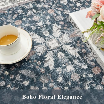 2x8ft Washable Non Slip Kitchen Rugs – Boho Floral Stain-Resistant Low-Pile Floor Carpet Runner for Hallway, Bathroom, Bedroom, Entryway (Blue, 2x8)