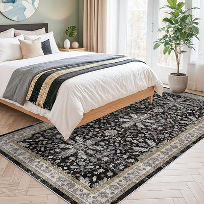 4x8 Rug Washable for Entryway Kitchen – Non-Slip Rubber Backed Area Rug for Hallway Bedroom Living Room Office,Boho Floral Low Pile Thin Floor Indoor Mat (Black,4x8)