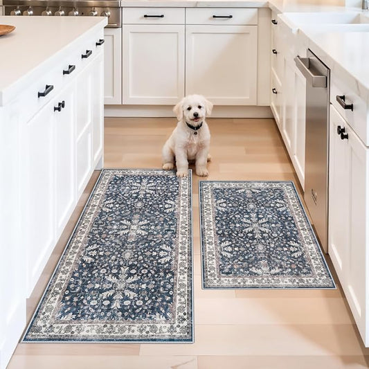 Kitchen Mats Set of 2 Washable Non-Slip – Soft Low Pile Boho Decorative Runner Rugs for Kitchen Floor, Sink & Stove, Kitchen Decor (Blue, 2x3+2x4)