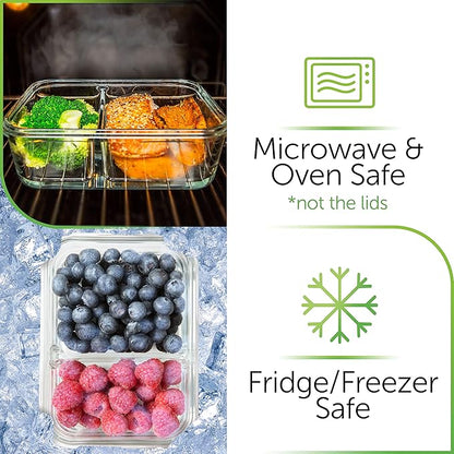 Prep Naturals 36oz Glass Meal Prep Containers - Airtight Glass Food Storage Containers with Lids - Dishwasher, Microwave & Oven Safe Meal Prep Bowls - Pack of 5, 36 Oz, 2-Compartment, Clear