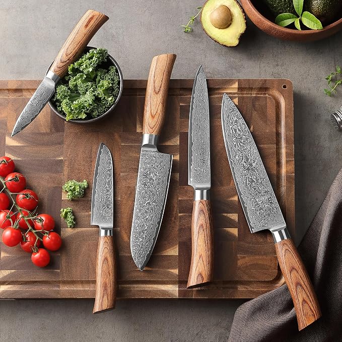 Wakoli EDIB Pro 5-Piece Damascus Knife Set – Professional Chef Knives Set with VG10 Core Blades, 67-Layer Damascus Steel and Ergonomic Pakkawood Handles – Premium Kitchen Knives in Wooden Gift Box