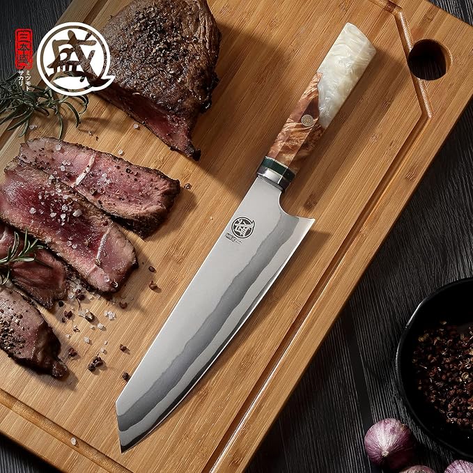 MITSUMOTO SAKARI 8-Inch Kiritsuke Chef Knife, 440C Damascus, White Handle | Angled tip and long flat edge for meat, fish and vegetables, 440C Damascus, white pomegranate handle, sandalwood box