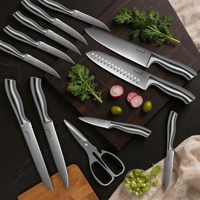 KUISINE Upgraded Sharp Chef Knife Set with block, One piece Molding High Carbon Stainless Steel Forged,Ergonomic Non-slip Handle Knife Block Set with built-in Sharpener(Silver Natural,15PCS)