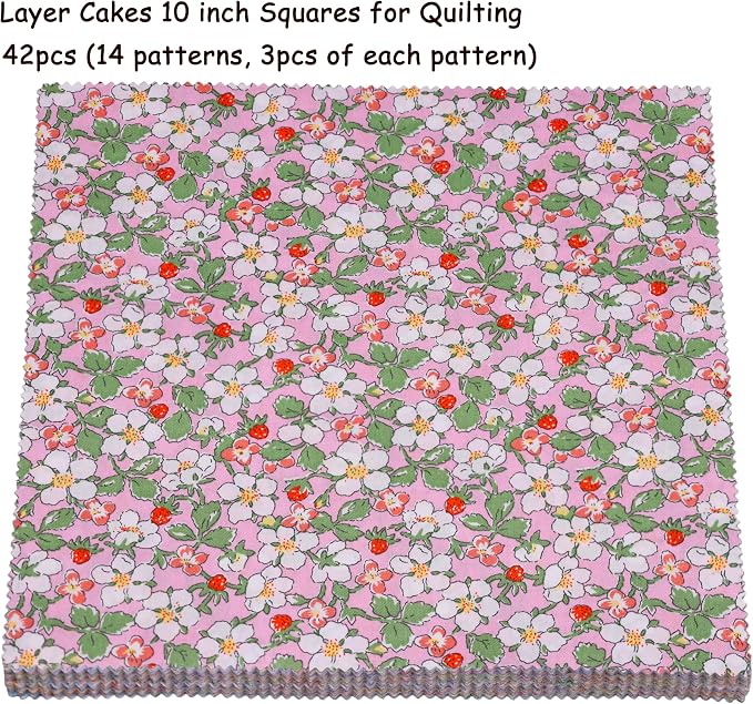 Nodsaw 42 pcs 10x10 Colorful Bright Pastel Spring Floral Printed Cotton Fabric Squares for Baby Girl, Layer Cake Fabric for Quilting 10 inch, Layer Cakes 10 inch Squares for Quilting, Quilt Kits