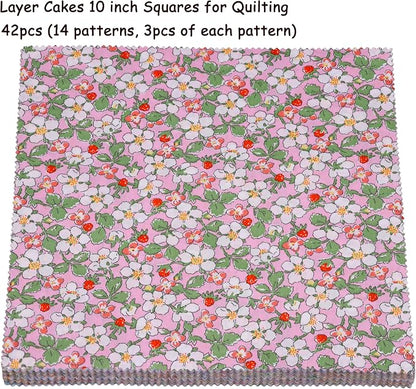 Nodsaw 42 pcs 10x10 Colorful Bright Pastel Spring Floral Printed Cotton Fabric Squares for Baby Girl, Layer Cake Fabric for Quilting 10 inch, Layer Cakes 10 inch Squares for Quilting, Quilt Kits