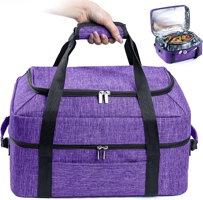 BAGSPRITE Double-Layer Slow Cooker Carrying Bag for 6-8 Quart CrockPot and Hamilton Beach Slow Cooker, Travel Bag with Lid Fastener for Crock-pot, Portable Carrier Case Slow Cooker Bag, Purple