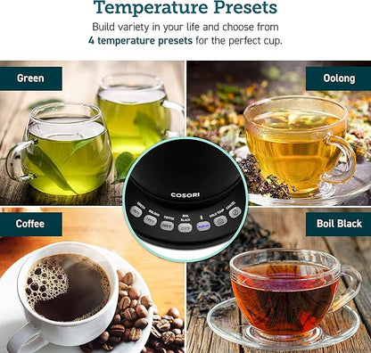 Cosori Electric Gooseneck Kettle Smart Bluetooth with Variable Temperature Control, Pour Over Coffee & Tea, 100% Stainless Steel Inner Lid & Bottom, Quick Heating, Matte Black