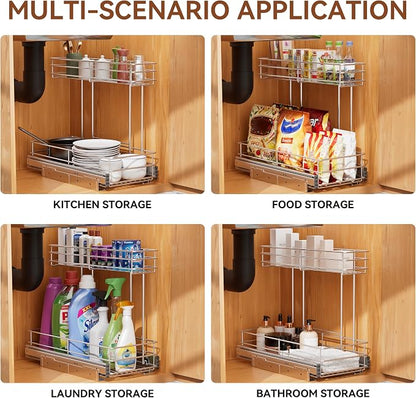 Under Sink Organizer 9"W X18.5"D，Pull Out Cabinet Organizer 2 Tier，Under Sink Slide Out Organizer Chrome Plated, Under Kitchen Bathroom Sink Organizer, Pantry Cabinet Closet Organization Rack, 1 Pack