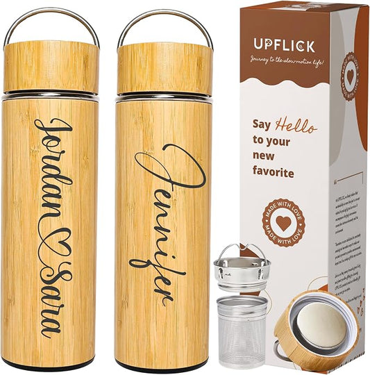 Custom Name Engraved Bamboo Water Tumbler Corporate Gift Personalized with Company Logo Wooden Insulated Travel Mug Employee Appreciation Business Gift, Tea Bottle with Infuser.