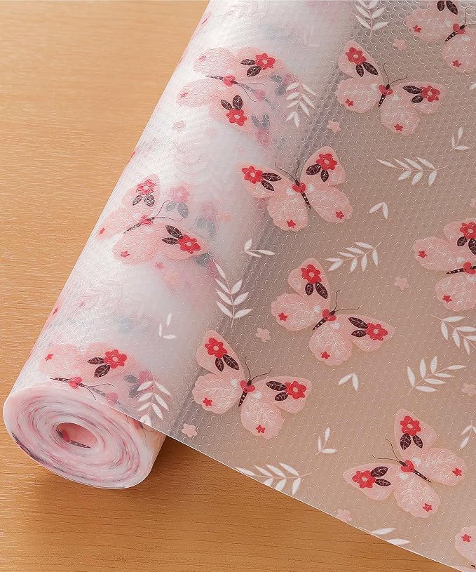 Reusable Non-Adhesive Drawer and Shelf Liner for Kitchen Cabinets - Waterproof Shelf Paper, Easy to Cut and Install - Suitable for Cabinets, Drawers, Shelves, and Desks(Pink Butterfly, 17.7"W x 197"L)