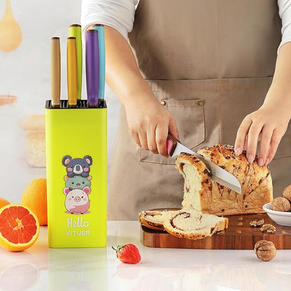 Knife Set, Vituer 7PCS Stainless Steel Kitchen Knife Block Set, Dishwasher Safe (Stylish Animal Characters)