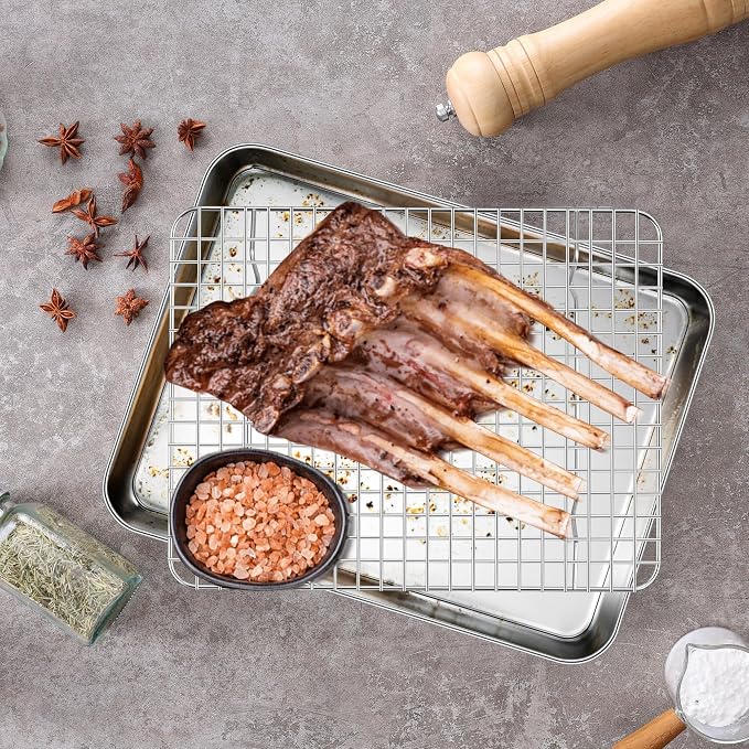 Homikit Quarter Sheet Pan with Wire Rack Set (2 Baking Sheets+2 Racks), Stainless Steel Baking Tray with Grid Cooling Rack for Toaster Oven Roasting, Metal Bacon Cookie Jelly Roll Pan, 12" x 10" Inch