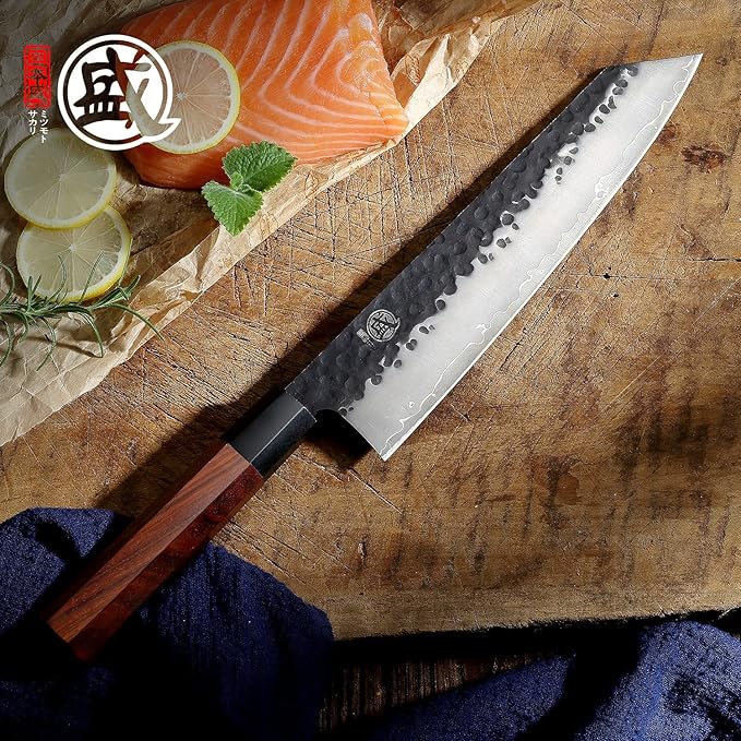 MITSUMOTO SAKARI 9-Inch Japanese Kiritsuke Chef Knife, 9Cr18MoV Steel | Angled tip and long flat edge for slicing, 3-layer 9Cr18MoV steel, rosewood handle, sandalwood box