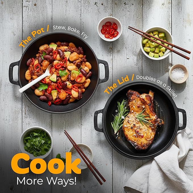 KICHLY Cast Iron Dutch Oven with Dual Purpose Skillet Lid, 5.QT Cast Iron Pot with 10.6 in Griddle Pan, Pre-Seasoned Heavy Duty Pot for Bread Baking, Roasting, Braising & Outdoor Camping Cooking, Black