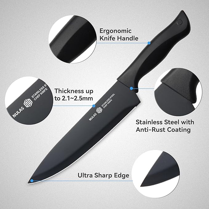 15-Piece Kitchen Knife Block Set with Built-in Sharpener, Upgraded Non-Stick Coating Blades, Ergonomic Handles, Dishwasher Safe, Black