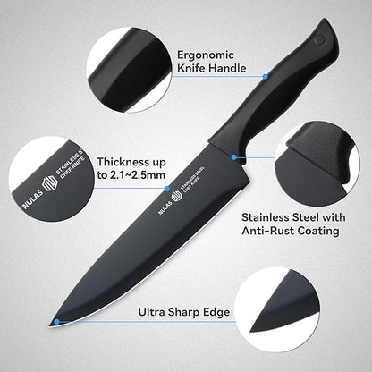 15-Piece Kitchen Knife Block Set with Built-in Sharpener, Upgraded Non-Stick Coating Blades, Ergonomic Handles, Dishwasher Safe, Black