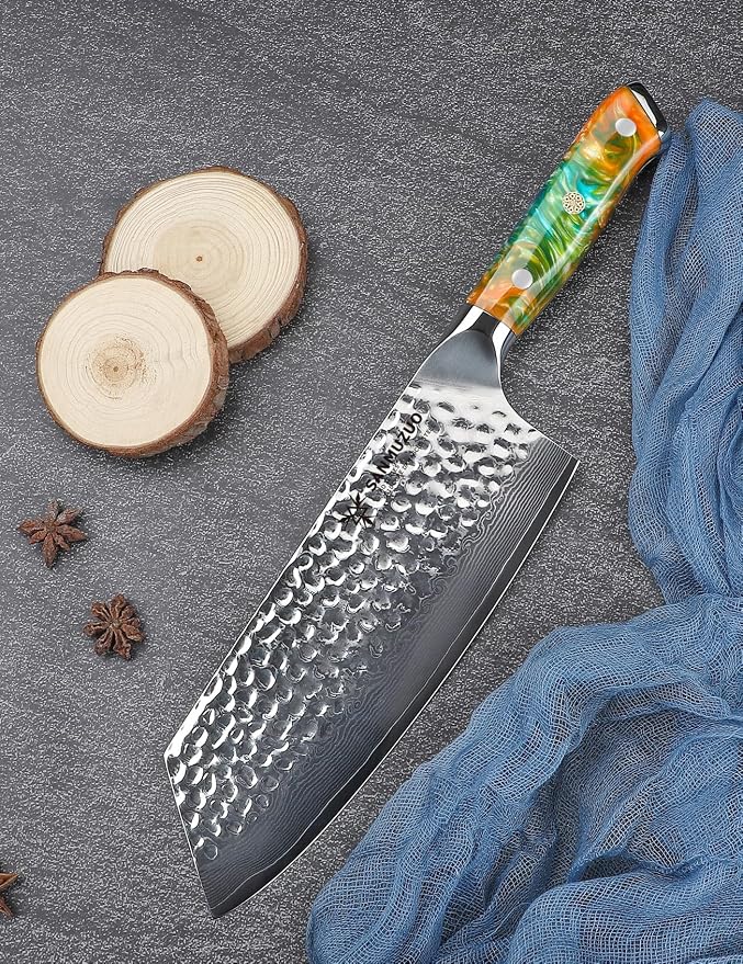 7.5" Nakiri Knife - Kitchen Vegetable Cleaver - Japanese Usuba Knife - Hammered Damascus Steel & Resin Handle - YAO Series