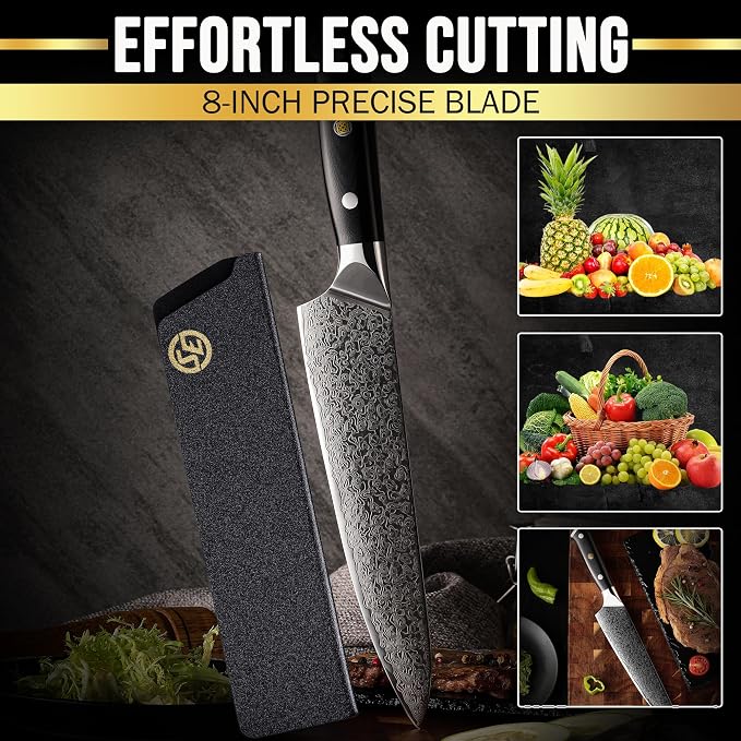 SliceElite Elite Series 8 Inch Chef Knife VG10 Damascus Steel Forged G10 Handle Sharp Kitchen Vegetable Meat Chopper Cutting Cooking Carving Precision Cleaver BBQ Fruit Professional Gift Blade Tool