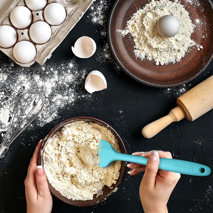 Silicone Spatula 3‑Piece Set Heat Resistant 600°F Non‑Stick Rubber Spatulas with Stainless Steel Core ALLWIN HOUSEWARE Large Spatula, Spoonula & Mini Spatula for Cooking & Baking, Macaron Blue