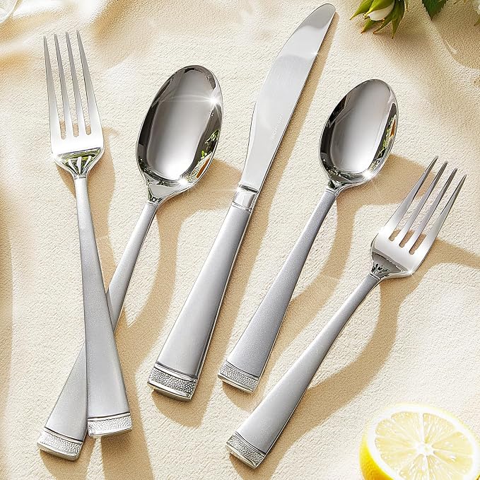 KINGSTONE Silverware Set, 30-Piece Flatware Set for 6, 18/10 Stainless Steel Cutlery Set with Bead Edge, Utensil for Kitchen, Home, Party, Wedding, Matte Silver, Dishwasher Safe