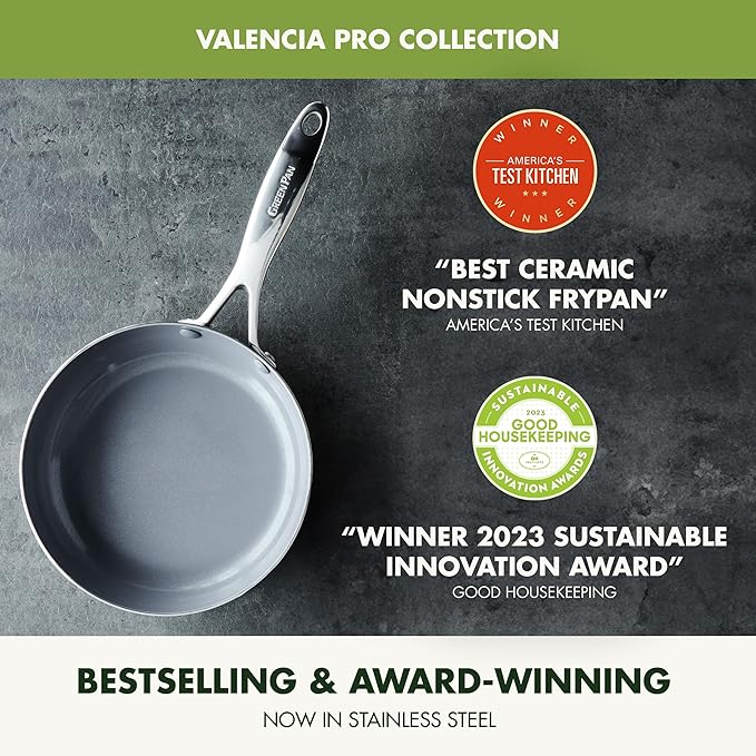 GreenPan Valencia Pro Tri-Ply Stainless Steel 10 Piece Cookware Set, PFAS-Free Ceramic Nonstick Coating, Induction Ready Pots & Pans, All Cooktops, Dishwasher & Oven Safe to 600F