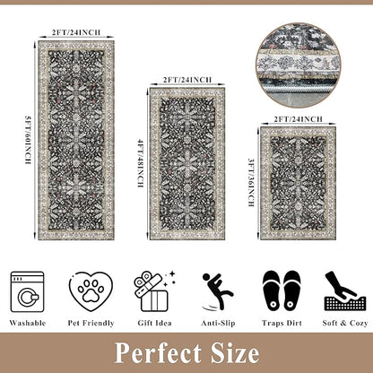 3-Piece Washable Kitchen Rug Set of 3 with Runner – Non-Slip Boho Kitchen Mats for Hardwood Floor, Sink & Entryway & Bathroom, Home Decor (Black,2x3+2x4+2x5)