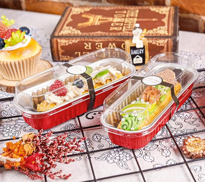 NPLUX Mini Loaf Pans with Lids and Spoons Rectangular Aluminum Foil Baking Pans Mini Cheesecake Containers 6.8oz(60 Pack, Red)