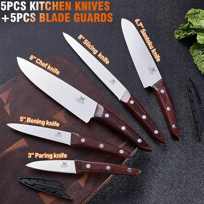 Naitesen 5PCS Professional Kitchen Chef Knife Set with Blade Guards, Wood Handle High Carbon Steel, Sharp for Meat Cutting Home Cooking Gifts for Men Women