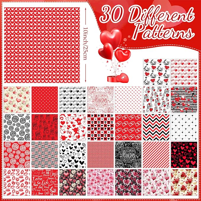 Tatuo 30 Pcs 10 x 10 Inches Valentine Cotton Fabric Bundle Squares Patchwork Red Black Floral Fabric Sewing Quilting Bundles Assorted Pattern Cloth for DIY Scrapbook Craft Making
