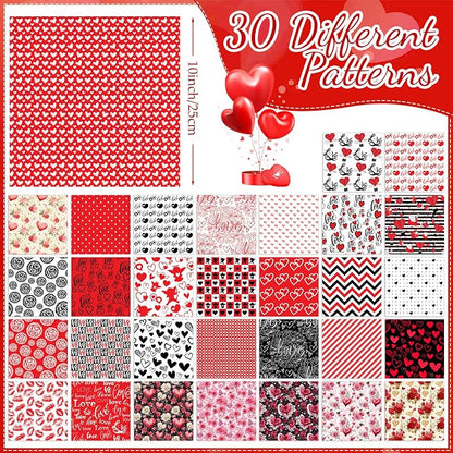 Tatuo 30 Pcs 10 x 10 Inches Valentine Cotton Fabric Bundle Squares Patchwork Red Black Floral Fabric Sewing Quilting Bundles Assorted Pattern Cloth for DIY Scrapbook Craft Making