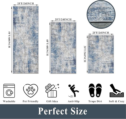 Kitchen Mats for Floor 3 Piece Set, Washable Non-Slip Farmhouse Kitchen Rugs for Hardwood Floor, Rustic Floral Boho Runner Rug for Sink,Entryway & Hallway & Bathroom (Blue/Grey/Ivory,2x3+2x4+2x5)