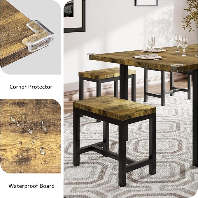 iPormis 7-Piece Dining Table Set with 6 Stools, 63" Extendable Kitchen Table Set for 4-8, Modern Dining Room Table with Sturdy Metal Frame, Space-Saving Dinette, Rustic Brown