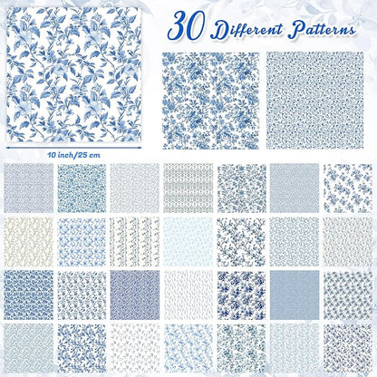 Tatuo 30 Pcs 10 x 10 Inches Blue and White Floral Cotton Fabric Quilting Bundle Squares Patchwork Floral Fabric Sewing Quilting Bundles Assorted Pattern Cloth for DIY Scrapbook Craft Making