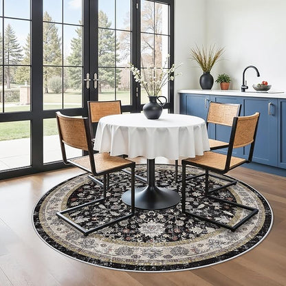 6ft Round Kitchen Rug Washable - Non-Slip Soft Low Pile Circle Area Rug for Under Table Living Room Dining Room Bedroom – Boho Floral Circular Floor Indoor Carpe (Black,6x6)