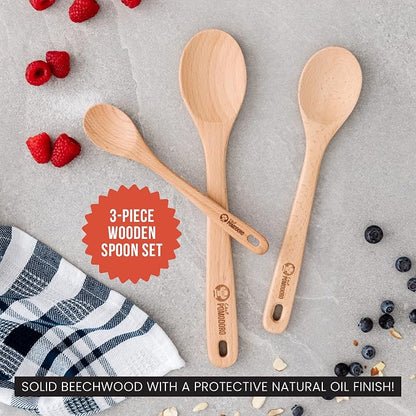 Chef Pomodoro Wooden Spoons for Cooking 3-Piece Set, Solid Beechwood Cooking Utensils | 12-Inch, 10.5-Inch, 8-Inch Wooden Utensils Set, Beechwood Kitchen Utensils, Soup Spoons for Nonstick Cookwares