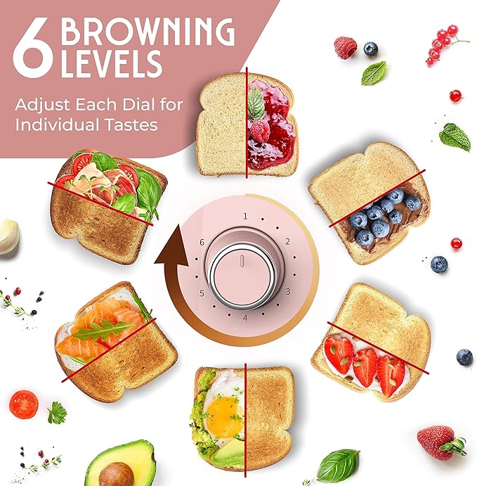 Mueller Retro Toaster 4 Slice with Extra Wide Slots Bagel, Defrost, and Cancel Function, 6 Browning Levels, Dual Independent Controls, Removable Crumb Tray and High Lift Levers, Pink