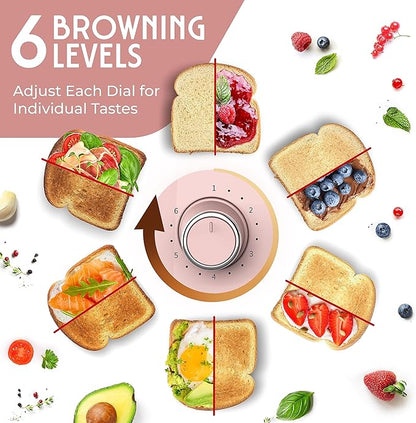 Mueller Retro Toaster 4 Slice with Extra Wide Slots Bagel, Defrost, and Cancel Function, 6 Browning Levels, Dual Independent Controls, Removable Crumb Tray and High Lift Levers, Pink