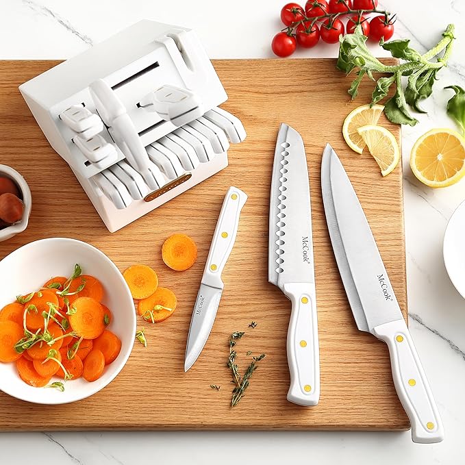 McCook® Knife Sets, White High Carbon Stainless Steel Kitchen Knife Sets with with Built-in Sharpener, 26-Piece Razor-Sharp Kitchen Knives with Ergonomic Handles, Elegant Box for Gift, White