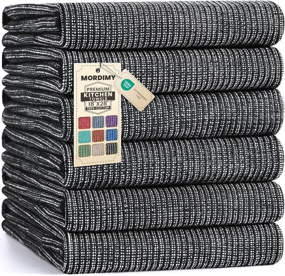 Mordimy Premium Kitchen Towels 6 Pack (18 x 28 Inches, Black), Large Cotton Kitchen Hand Towel, Flat & Terry Dish Towels for Drying Dishes, Super Absorbent Tea Dishtowels Set with Hanging Loop