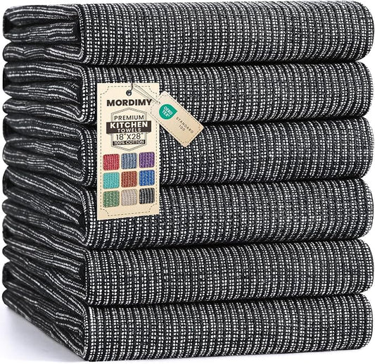 Mordimy Premium Kitchen Towels 6 Pack (18 x 28 Inches, Black), Large Cotton Kitchen Hand Towel, Flat & Terry Dish Towels for Drying Dishes, Super Absorbent Tea Dishtowels Set with Hanging Loop