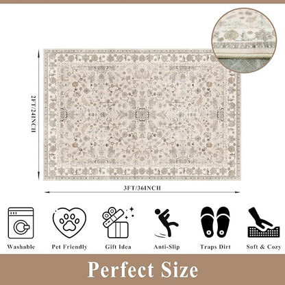 2x3 Non-Slip Washable Kitchen Rug – Boho Small Accent Rug for Sink & Entryway, Soft Low Pile Thin Carpet for Pet Area & Bathroom, Indoor Door Mat (Beige,2x3)