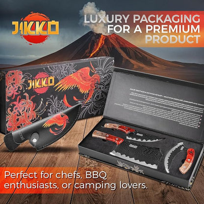 Jikko Phoenix Edition Japanese Knife Set - 3-Piece Chef Knife Set | Butcher Knives, Meat Cleaver, Butcher Knife Set | BBQ Set | Chef Knives with Hammered Blades & Maple Burl