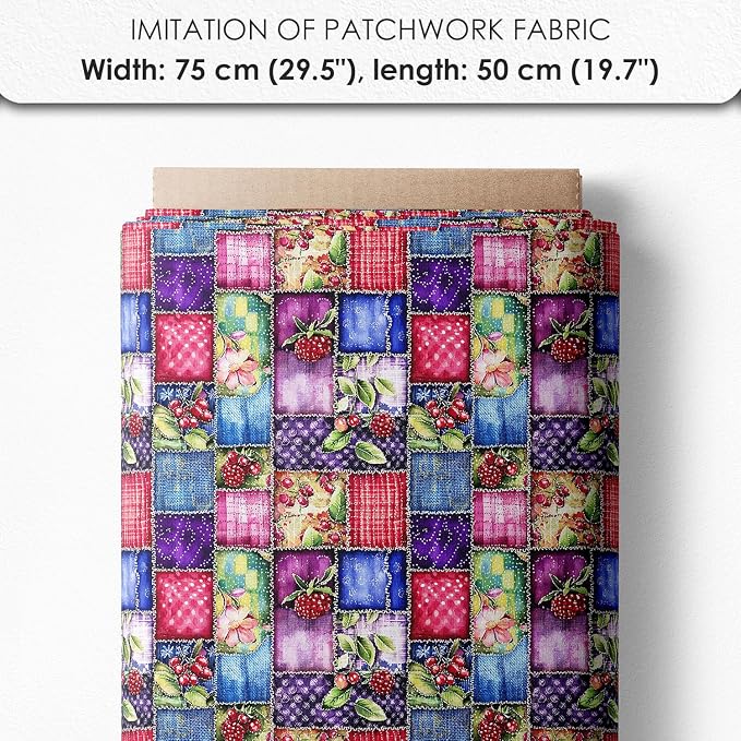 Patchwork Berry Jar Cotton Fabric Panel – 6 Designs (10×10 inch Each) + Bonus Sheet 29.5×19.6 inch, 100% Cotton 140 GSM, Made in Türkiye