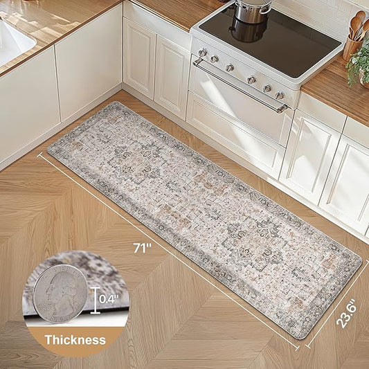 GENIMO Kitchen Mats for Floor, Washable Anti Fatigue Mat for Cushioned, 23.6"x71", Waterproof Kitchen Rugs, Non Slip Comfort Standing Mat Rug for Home, Sink, Laundry, LightTaupeBrown