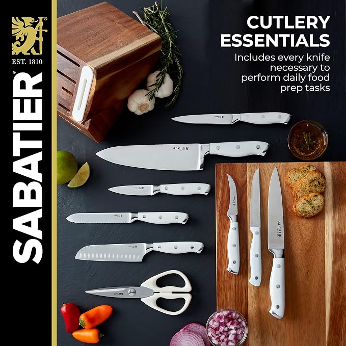 Sabatier Acacia Forged Triple Rivet Edgekeeper Knife Block Set, 15-Piece, White