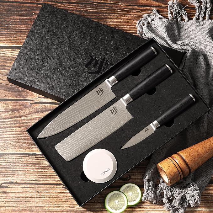 SUNCHUN 3-Piece VG-10 Damascus Kitchen Knife Set with Double-Sided Sharpening Stone – Nakiri, Chef & Paring Knives, 67-Layer Tsunami Wave Pattern, Black Pakka Wood Handles, 60±2 HRC (3-Piece-Set)